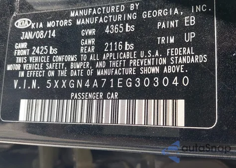 2014 Kia Optima Ex from USA, damaged, VIN 5XXGN4A71EG303040